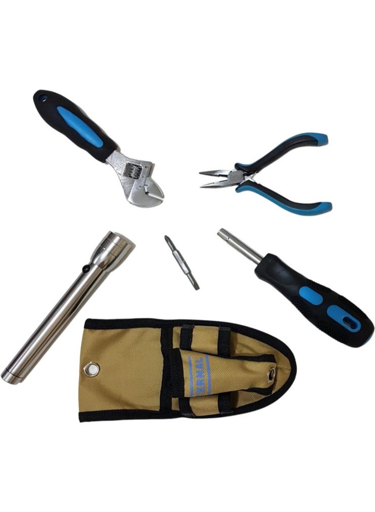 Tool set in a sturdy canvas bag with a 5-piece belt, adjustable wrench, pliers, screwdriver, square, and flashlight. - Image 4