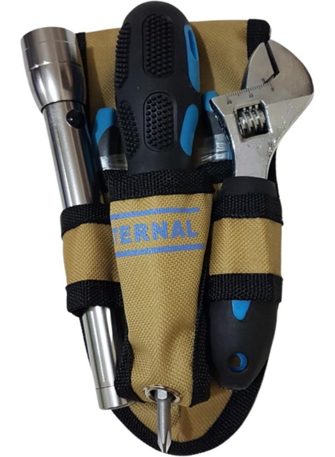 Tool set in a sturdy canvas bag with a 5-piece belt, adjustable wrench, pliers, screwdriver, square, and flashlight. - Image 1