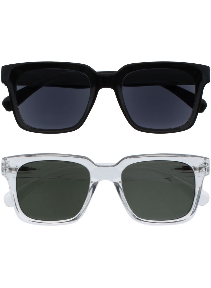 OPULIZE ERA Reading Sunglasses for Men & Women - Black/Green Tinted Lens - 2 Pack - Anti-Reflective Anti-Glare - Polarised UV400 protection - Oversized Rectangular Frame - Spring Hinges - Black/Clear +0.00 - Image 1