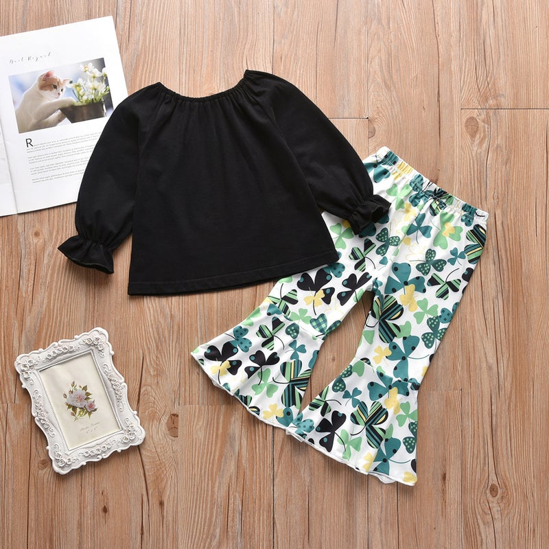 Spring and Autumn New and Girls Long Sleeve Suit St. Patrick''s Day Children''s Four-leaf Clover Two-piece Set - Image 3