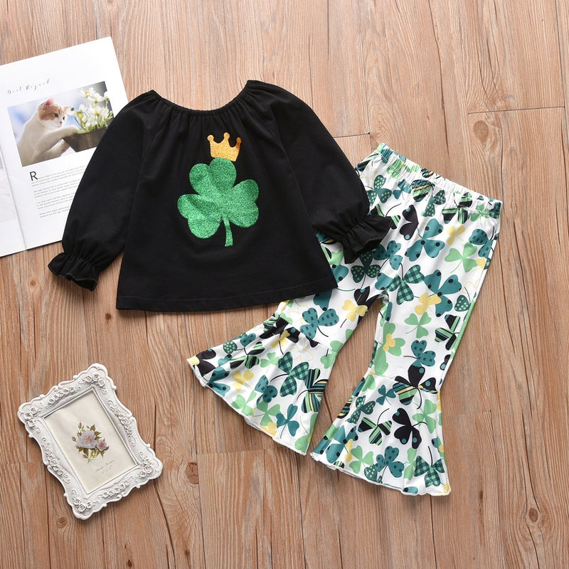 Spring and Autumn New and Girls Long Sleeve Suit St. Patrick''s Day Children''s Four-leaf Clover Two-piece Set - Image 2