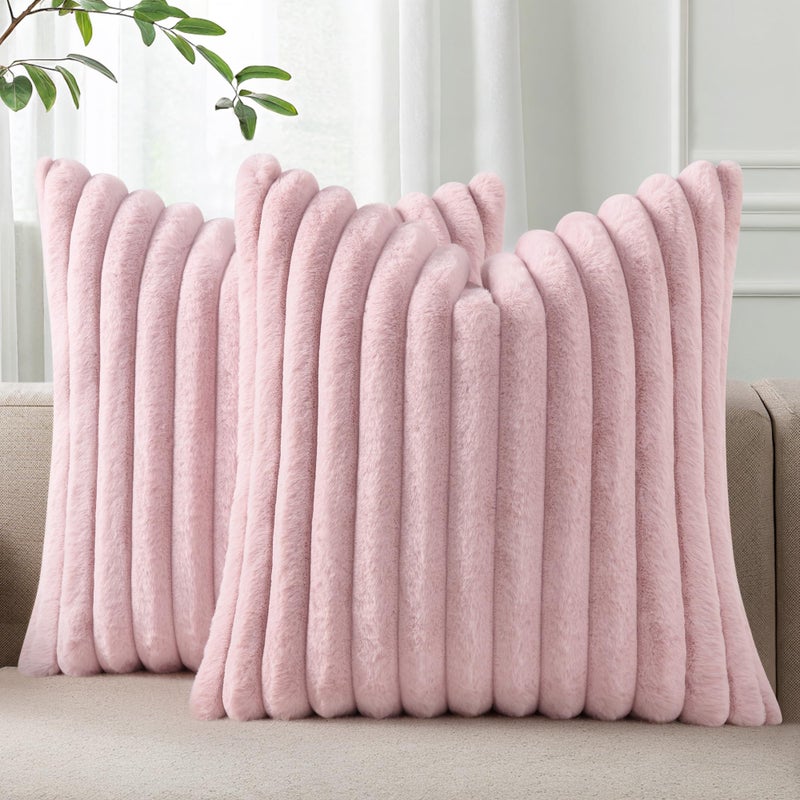 Pallene Faux Fur Plush Throw Pillow Covers 26x26 Set of 2 Luxury Soft Fluffy Striped Decorative Pillow Covers for Sofa Couch Living Room Blush Pink - Image 2