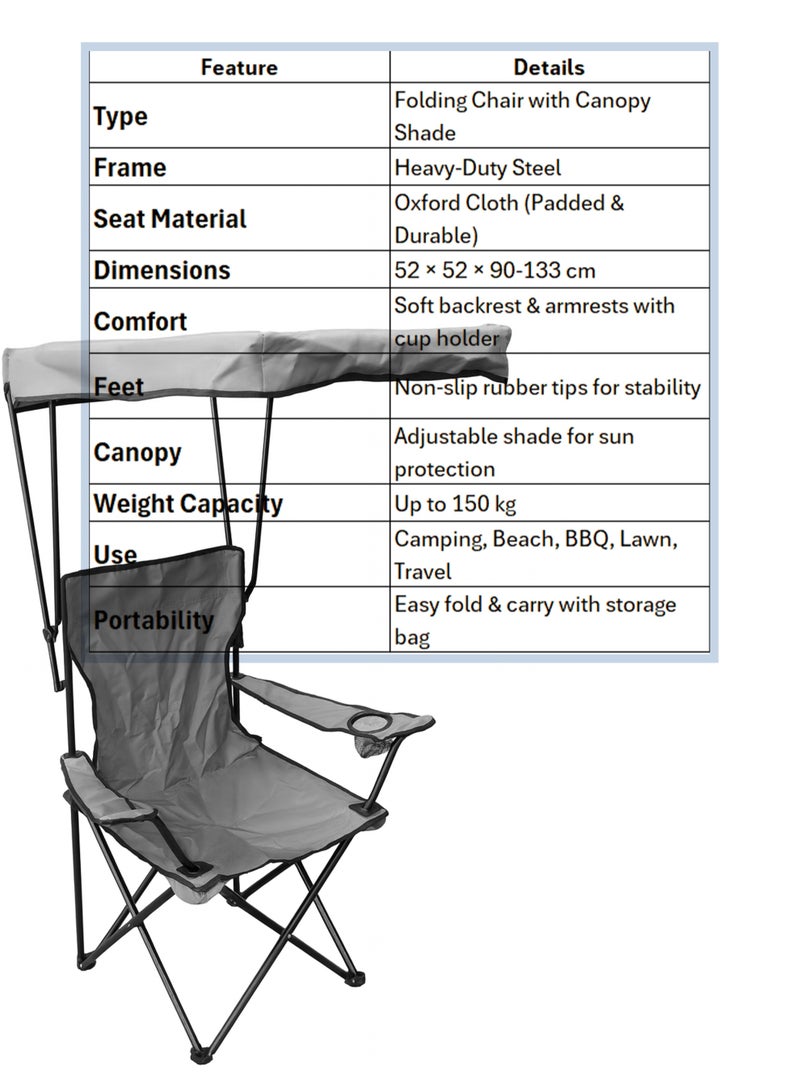DBLEW كرسي قابل للطي محمول مع مظلة ظل إطار فولاذي ثقيل، مقعد وظهر مبطن من قماش أوكسفورد، أقدام غير قابلة للانزلاق، كرسي خارجي قابل للطي للتخييم، الشاطئ، الحديقة والسفر - Image 3