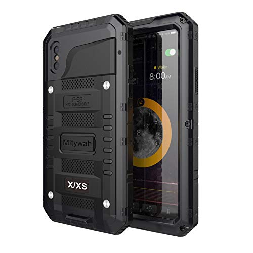 Mitywah Waterproof Case for iPhone X/XS, Heavy Duty Durable Metal Full Body Protective Case Built-in Screen Protection Waterproof Shockproof Dustproof Rugged Military Grade Defender, Black - Image 1