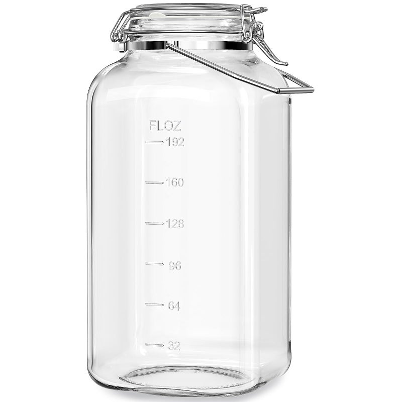 Folinstall [Upgrade] 2 Gallon Glass Jars with Airtight Lids, 7400 ml Large Wide Mouth Glass Mason Jars with Stainless Steel Handle, Big Storage Jars with Lids, 2 Scale Markings Cereal Containers Storage - Image 1
