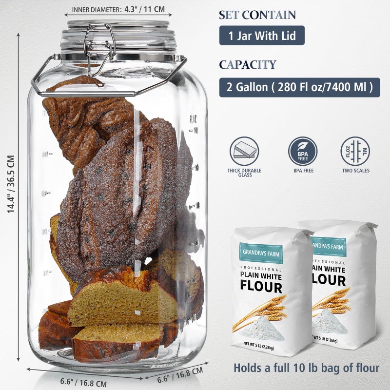 Folinstall [Upgrade] 2 Gallon Glass Jars with Airtight Lids, 7400 ml Large Wide Mouth Glass Mason Jars with Stainless Steel Handle, Big Storage Jars with Lids, 2 Scale Markings Cereal Containers Storage - Image 2