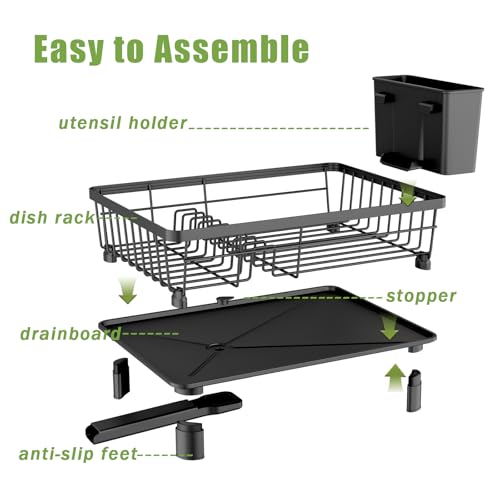 GHERISN Dish Drainer Rack with Drip Tray, Sink Dish Drainer with Drainage Spout, Stainless Steel Dish Drying Rack with Cups, Utensil & Cutting Board Holders for Kitchen Counter Space-Saving, Black - Image 4