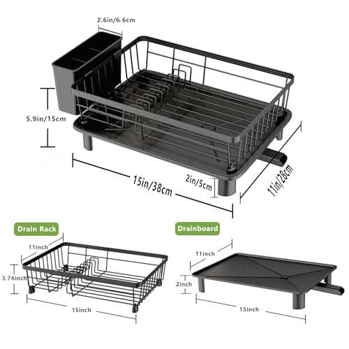 GHERISN Dish Drainer Rack with Drip Tray, Sink Dish Drainer with Drainage Spout, Stainless Steel Dish Drying Rack with Cups, Utensil & Cutting Board Holders for Kitchen Counter Space-Saving, Black - Image 2