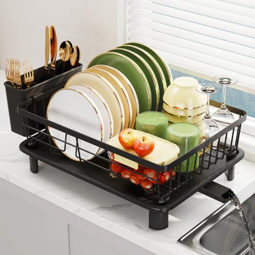 GHERISN Dish Drainer Rack with Drip Tray, Sink Dish Drainer with Drainage Spout, Stainless Steel Dish Drying Rack with Cups, Utensil & Cutting Board Holders for Kitchen Counter Space-Saving, Black - Image 1