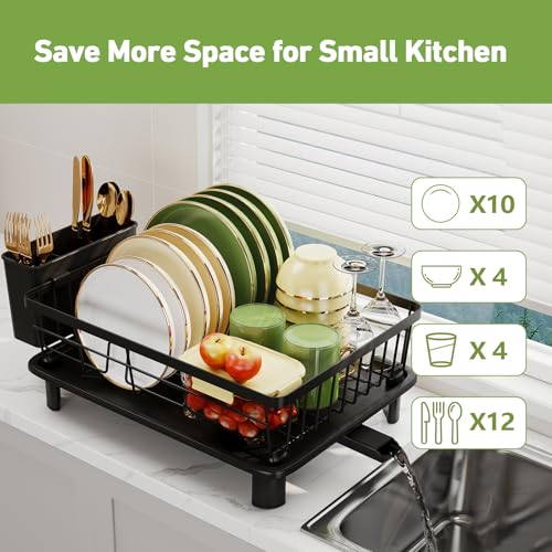 GHERISN Dish Drainer Rack with Drip Tray, Sink Dish Drainer with Drainage Spout, Stainless Steel Dish Drying Rack with Cups, Utensil & Cutting Board Holders for Kitchen Counter Space-Saving, Black - Image 5