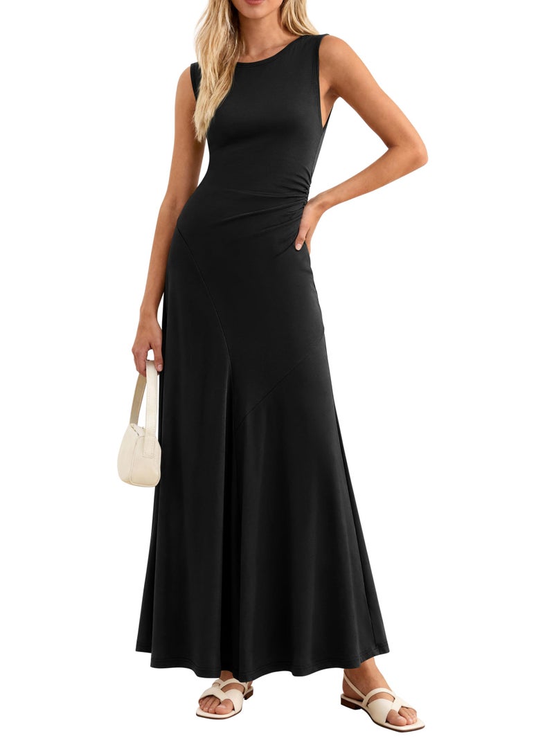MASCOMODA Summer Casual Sleeveless Maxi Dresses for Women 2026 Spring Ruched A Line Flowy Tank Beach Vacation Long Sundress(Black,Small) - Image 1