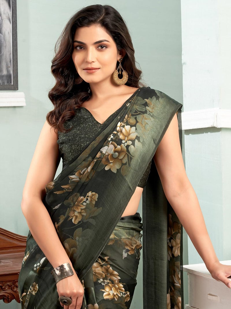 Satrani Women's Georgette Floral Printed Satin Stripe Saree with Unstitched Blouse Piece (3881S123N_Dark Green) - Image 4