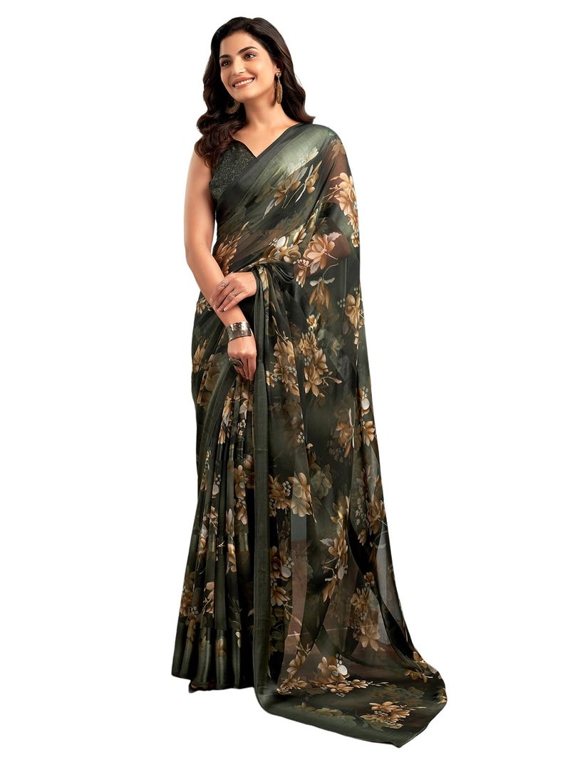 Satrani Women's Georgette Floral Printed Satin Stripe Saree with Unstitched Blouse Piece (3881S123N_Dark Green) - Image 1