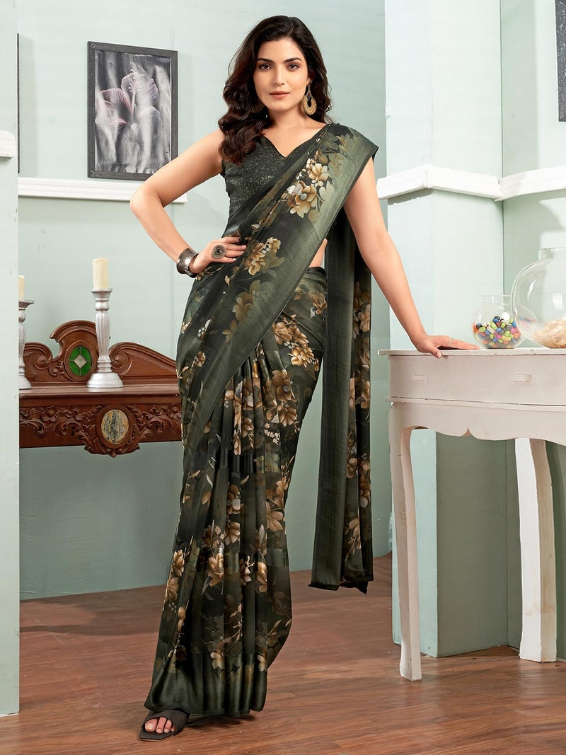 Satrani Women's Georgette Floral Printed Satin Stripe Saree with Unstitched Blouse Piece (3881S123N_Dark Green) - Image 2
