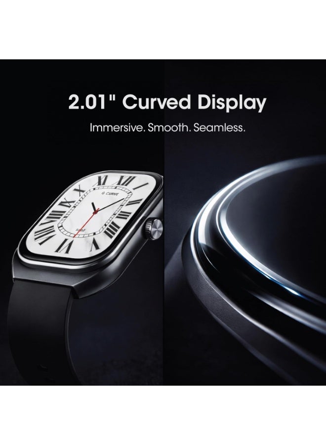 Xcell G‑Curve Smartwatch | 2.01" Curved Display | Bluetooth Calling | IP68 | Heart Rate, SpO2 & Wellness BP Tracking | 100+ Workout Modes | Magnetic Charging | iOS/Android- Black frame & Black Strap - Image 2