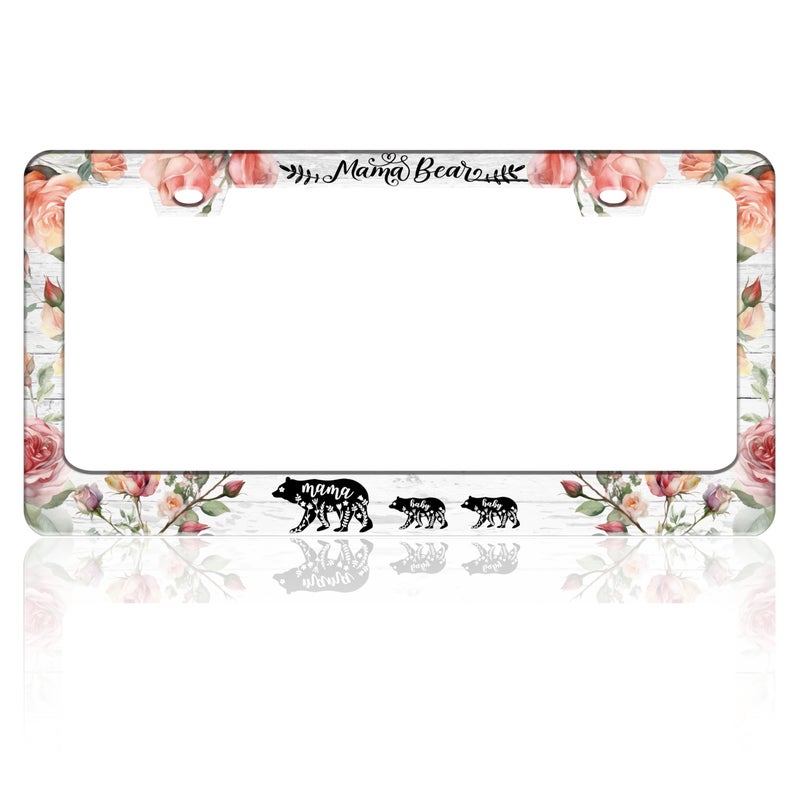 TINALUIN Mama Bear License Plate Frame Beautiful Flowers for Front or Rear Car Tags Stainless Steel License Plate Holder Funny Car Decoration with Screws 6.3 X 12.2 in - Image 1