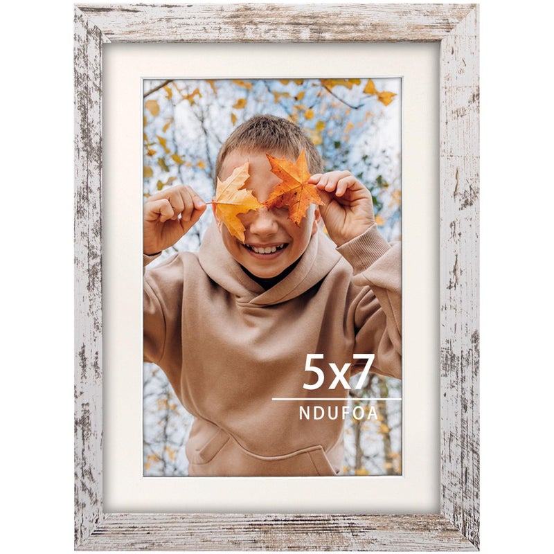 NDUFOA 5x7 Picture Frame  Display Photos 4x6 with Mat or 5x7 without Mat  Poster Frame for Wall and Tabletop  Distressed White - Image 1