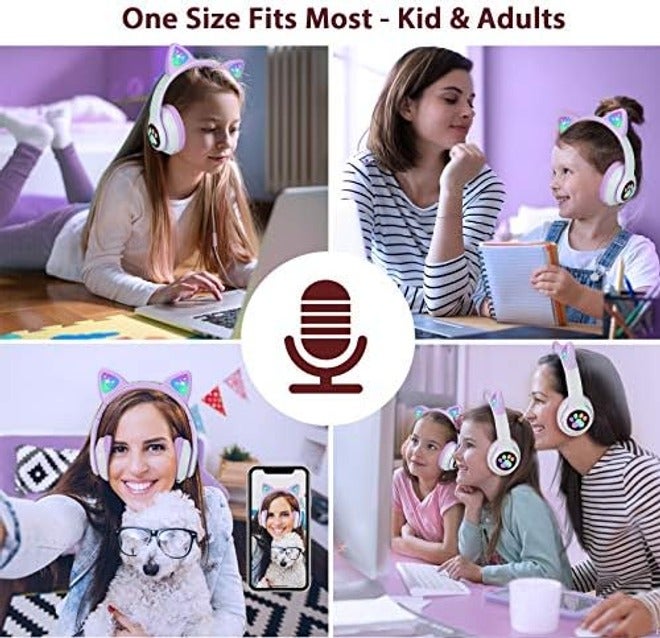 سماعات أطفال بتصميم أذن قطة من  بتقنية البلوتوث 6.0 - إضاءة ليد، حجم صوت آمن، قابلة للطي واسلكية وسلكية - Image 2
