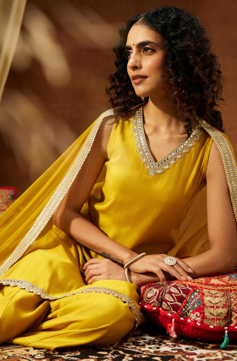 Janasya Women's Yellow Chanderi Silk Embellished Straight Kurta with Sharara & Dupatta Set(JAB25SS03409-XL) - Image 2