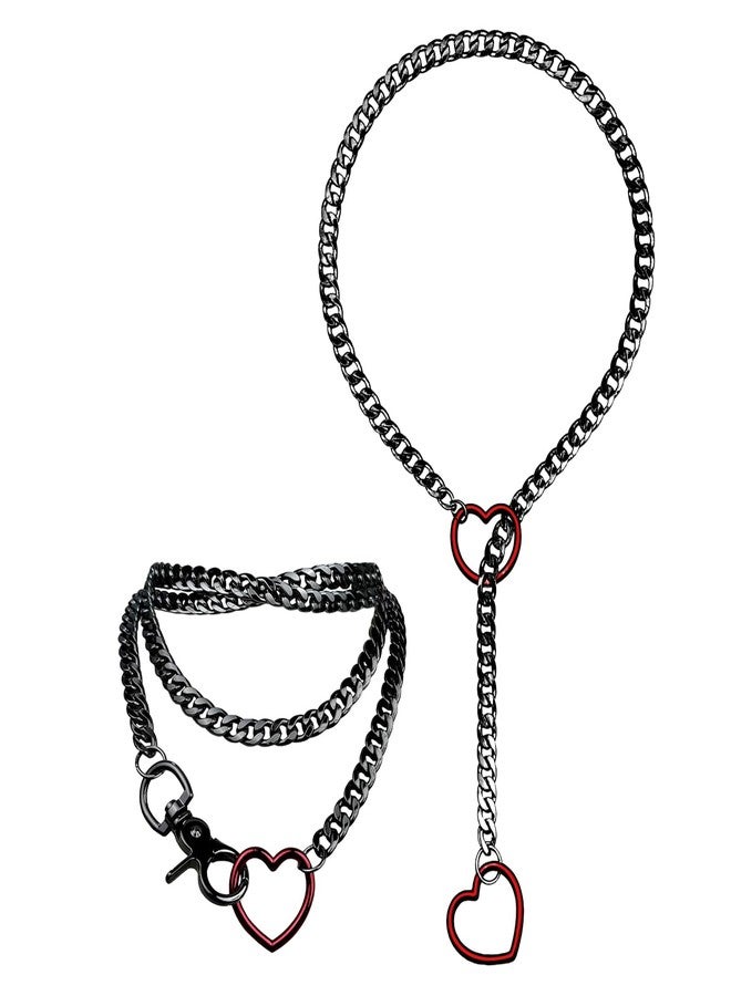 OIDEA Women's Slip Chain Necklace: 2 Pcs Black Red Heart O-Ring Cuban Long Layered Jewelry Adjustable Lariat Y-Necklace Punk Gothic Chunky Cuban Chain Collar Choker - Image 1