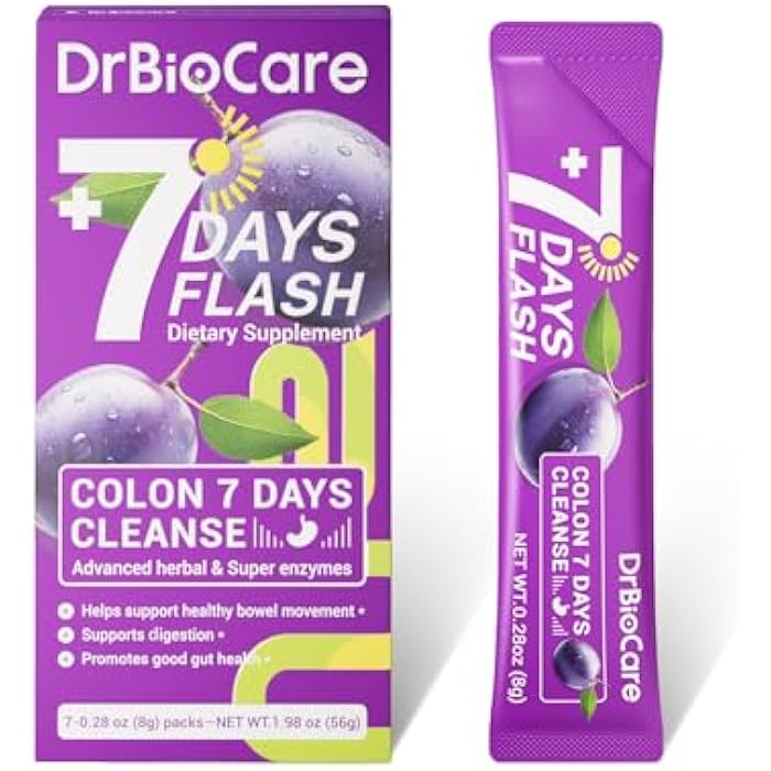 DrBioCare Colon 7 Days Cleanse, 7 Days Flash, Colon Cleanse, Detox & Digestive Support, Prune Flavor - 7 Packs - Image 1
