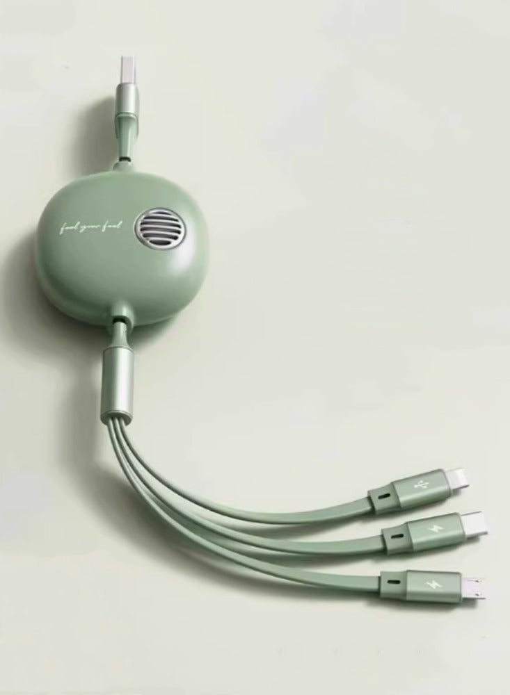 Fast Charging Retractable Data Cable Three-in-one Car Charging Cable Universal Retro Green 【Apple + Android + typec】 - Image 1