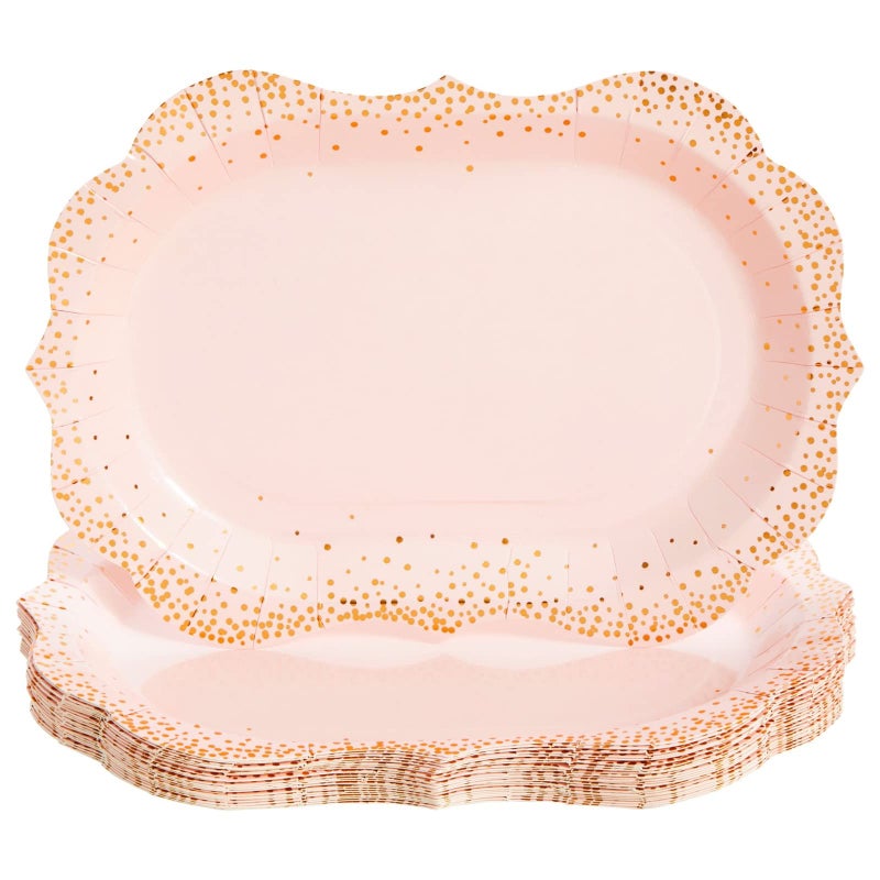 Sparkle and Bash Sparkle and Bash 24Pack Pink Disposable Serving Trays Gold Foil Polka Dotted Party Platters for Wedding Birthday Tea Party Brunch Decorations Table Centerpiece Home Decor 9x13 in 