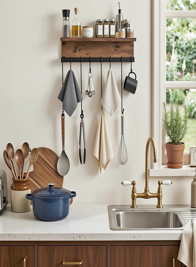 yeavs Wall Mounted Mug Holder, Floating Shelf with Hooks Wooden Decorative Storage Shelves for Mugs Cooking Utensils Towel Storage or Display - Image 4
