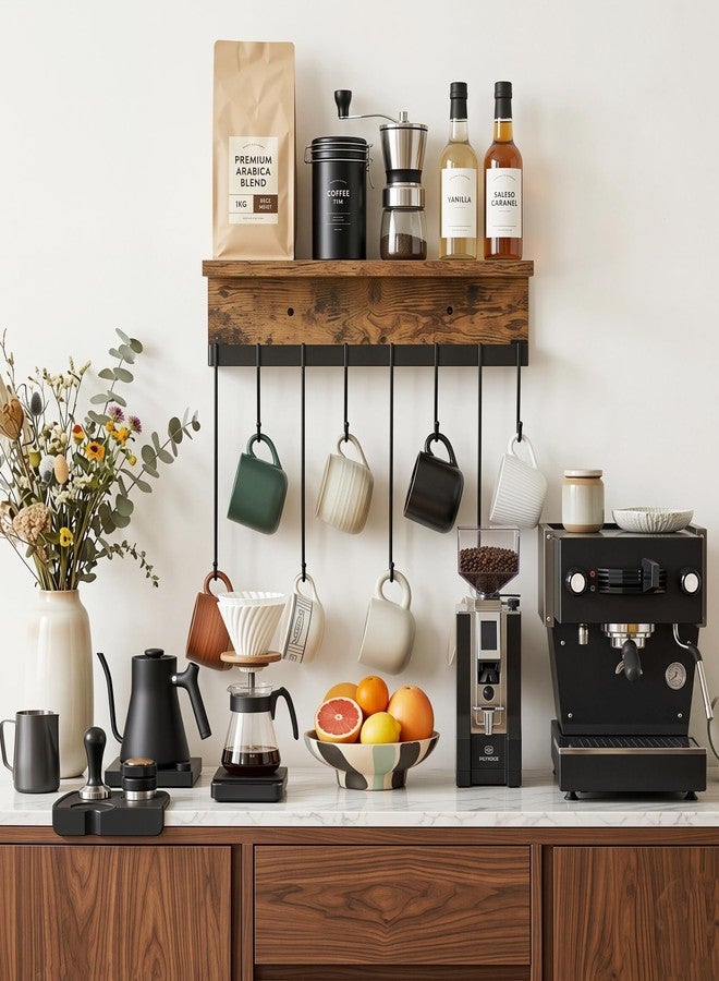yeavs Wall Mounted Mug Holder, Floating Shelf with Hooks Wooden Decorative Storage Shelves for Mugs Cooking Utensils Towel Storage or Display - Image 2