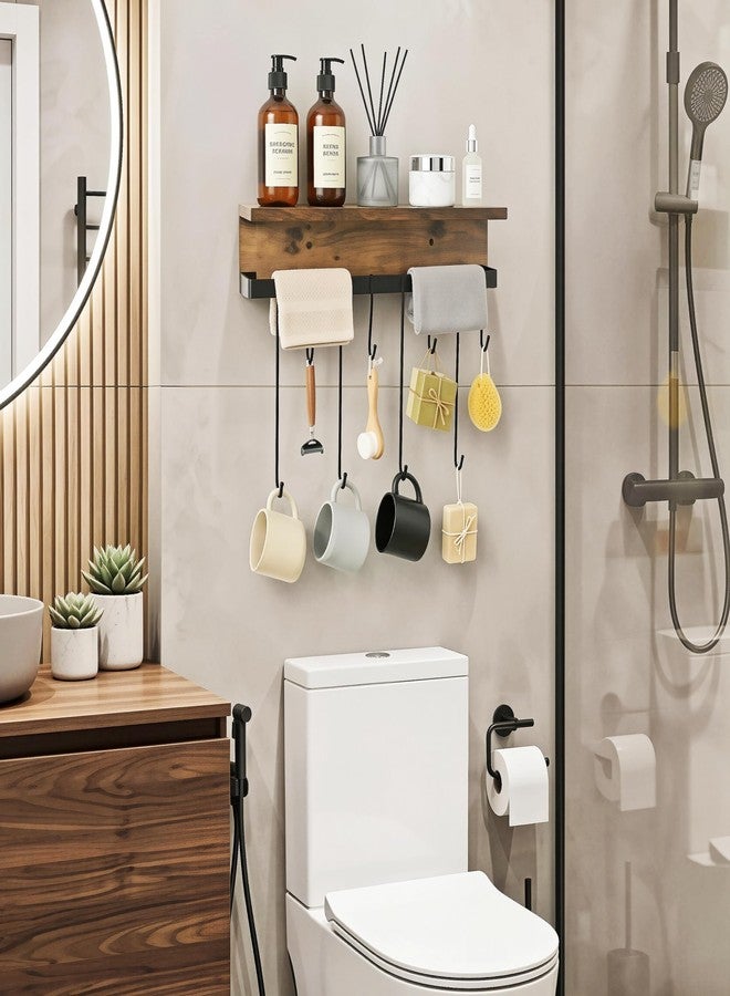 yeavs Wall Mounted Mug Holder, Floating Shelf with Hooks Wooden Decorative Storage Shelves for Mugs Cooking Utensils Towel Storage or Display - Image 5