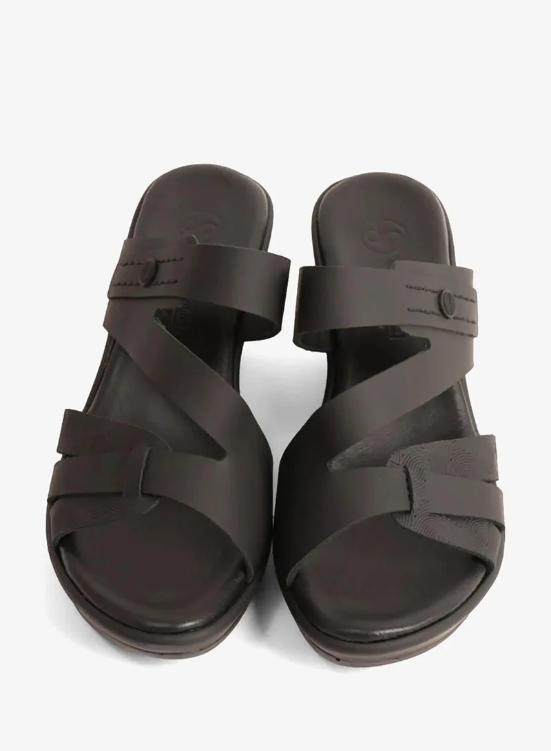 Comfort Plus  COMFORT PLUS LEATHER CUT-OUT SANDALS WITH LOW HEEL BLACK for Women | Best Price UAE