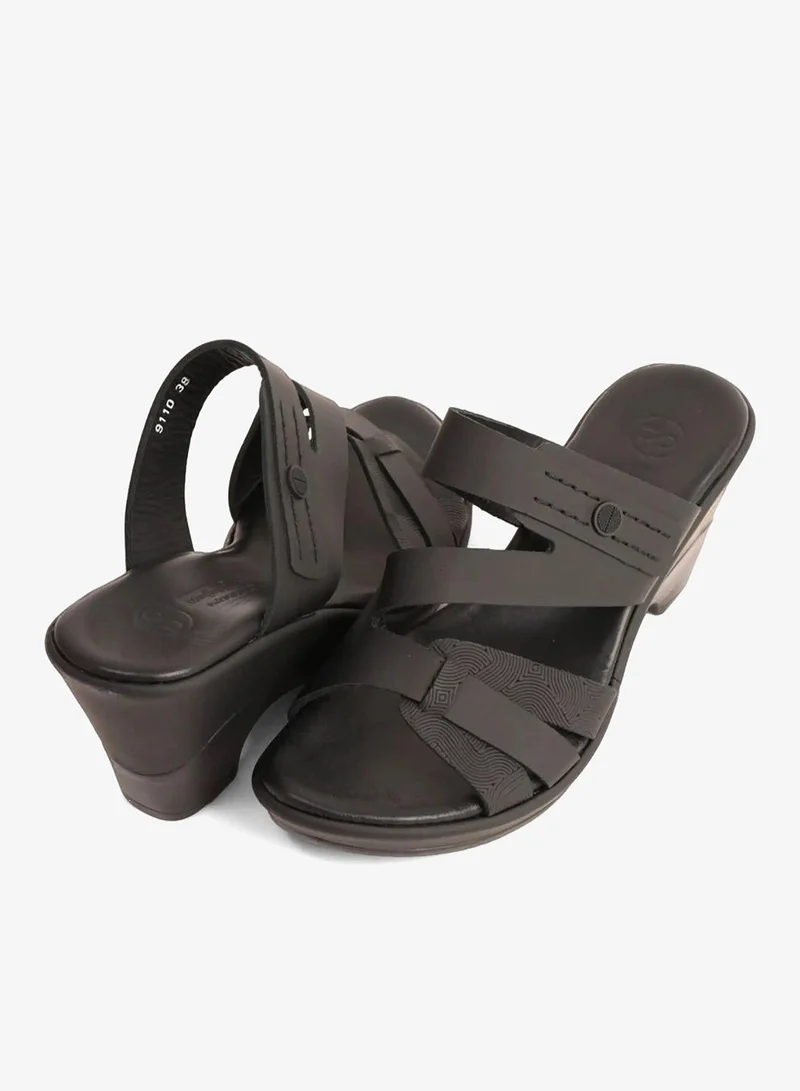 Comfort Plus  COMFORT PLUS LEATHER CUT-OUT SANDALS WITH LOW HEEL BLACK for Women | Best Price UAE