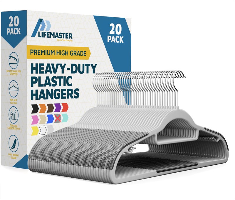 Lifemaster Plastic Clothes Hanger Set - 20 Pieces Versatile, Lightweight, Space-Saving, Non-Slip, Slim Designed, Dry and Wet Clothes Hanger Set with 360Â° Swivel Hook and Rubber Coating - Gray - Image 1