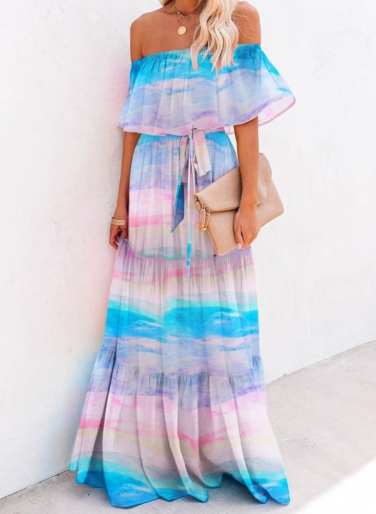 NIBEMINENT Off Shoulder Gradient Color Belt Ruffles Maxi Chiffon Dress V-F - Image 1