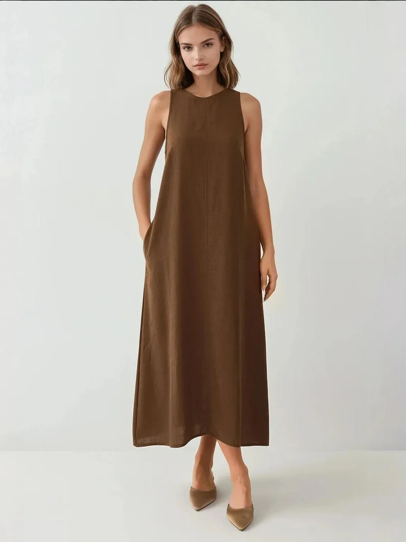 HICCUP Linen Feel Sleeveless Crew Neck Midi Dress
