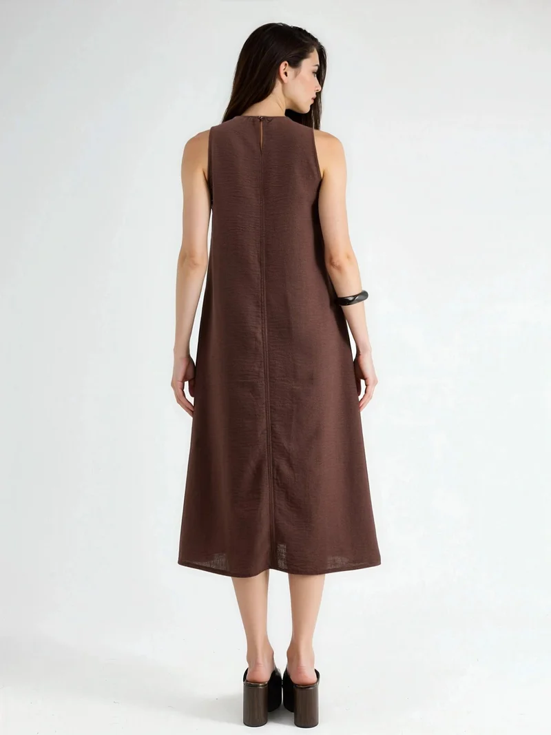 HICCUP Dark Mocha Brown Linen Feel Sleeveless Crew Neck Midi Dress for Women | Best Price UAE