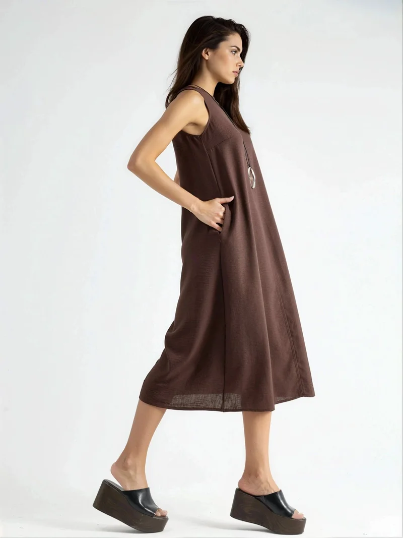 HICCUP Dark Mocha Brown Linen Feel Sleeveless Crew Neck Midi Dress for Women | Best Price UAE