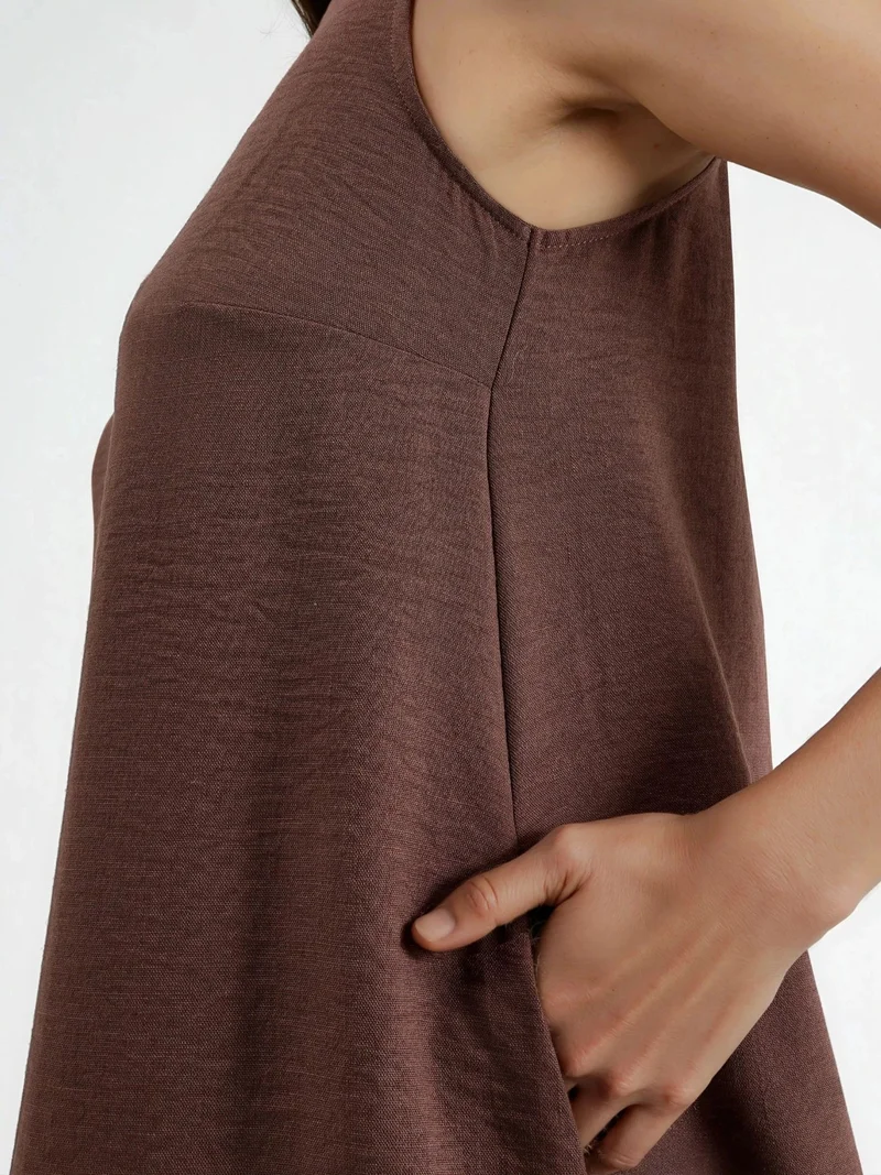 HICCUP Dark Mocha Brown Linen Feel Sleeveless Crew Neck Midi Dress for Women | Best Price UAE