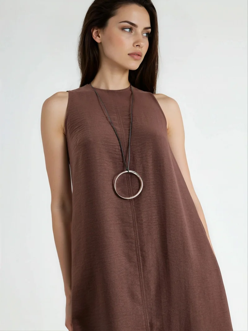 HICCUP Dark Mocha Brown Linen Feel Sleeveless Crew Neck Midi Dress for Women | Best Price UAE