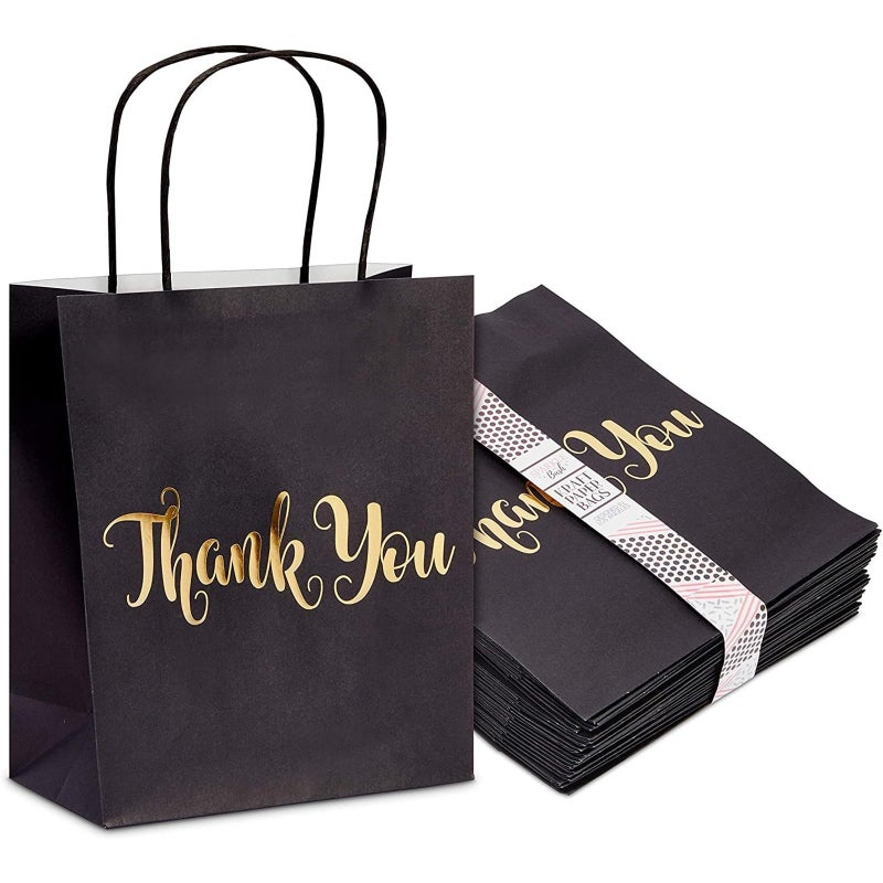 Sparkle and Bash Sparkle and Bash 24 Pack Medium Black Thank You Party Favor Paper Goodie Gift Bags with Handles Gold Foil 