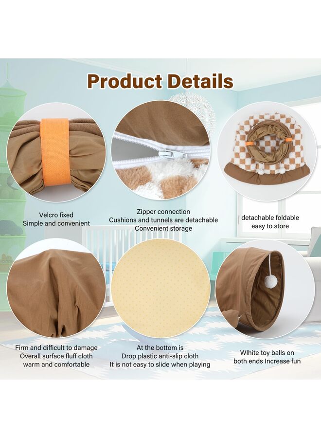 سرير نفق الأرنب، ألعاب أنابيب نفق قابلة للطي 2 في 1 مع حصيرة قابلة للإزالة للقطط والقطط الصغيرة والأرانب والقطط الصغيرة (بني) - Image 2