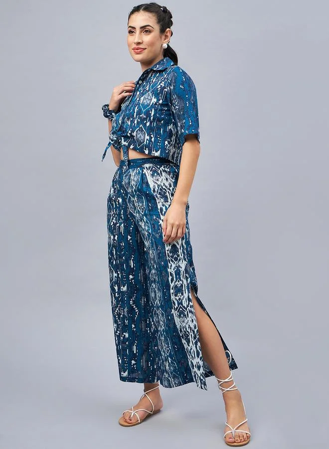 WineRed Women Front Knot Crop Shirt, Scrunchie and Flared Pants Co-ords