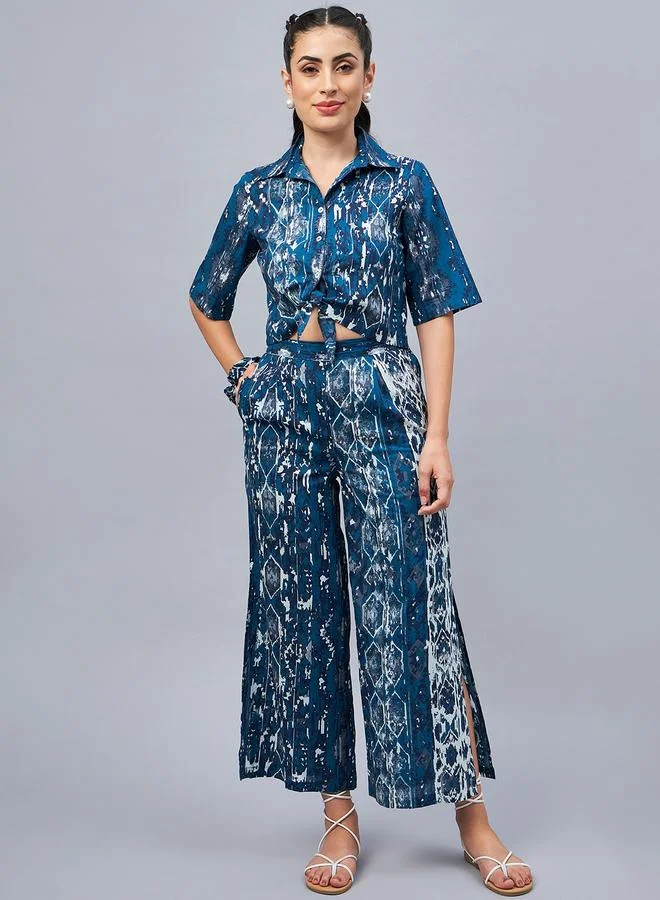 WineRed Women Front Knot Crop Shirt, Scrunchie and Flared Pants Co-ords