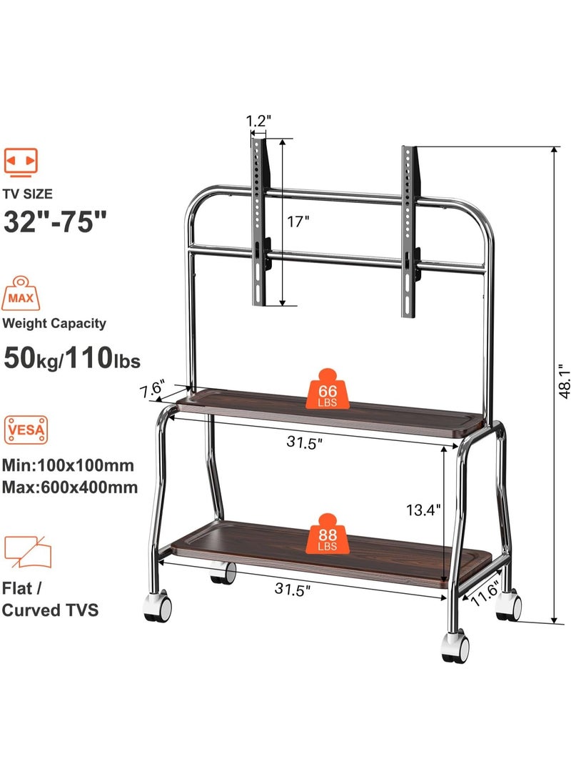 PENG GENERAL Mobile TV Cart Stand with Storage Shelves, Rolling Floor Stand Mount for 32-75 Inch TVs - Image 4