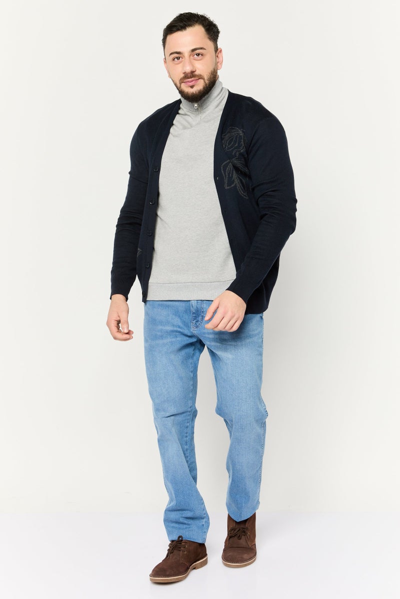 PERRY ELLIS Men V Neck Graphic Print Cardigan, Navy  - Image 2