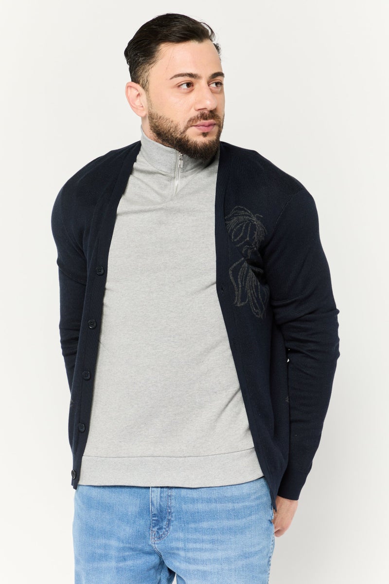 PERRY ELLIS Men V Neck Graphic Print Cardigan, Navy  - Image 1