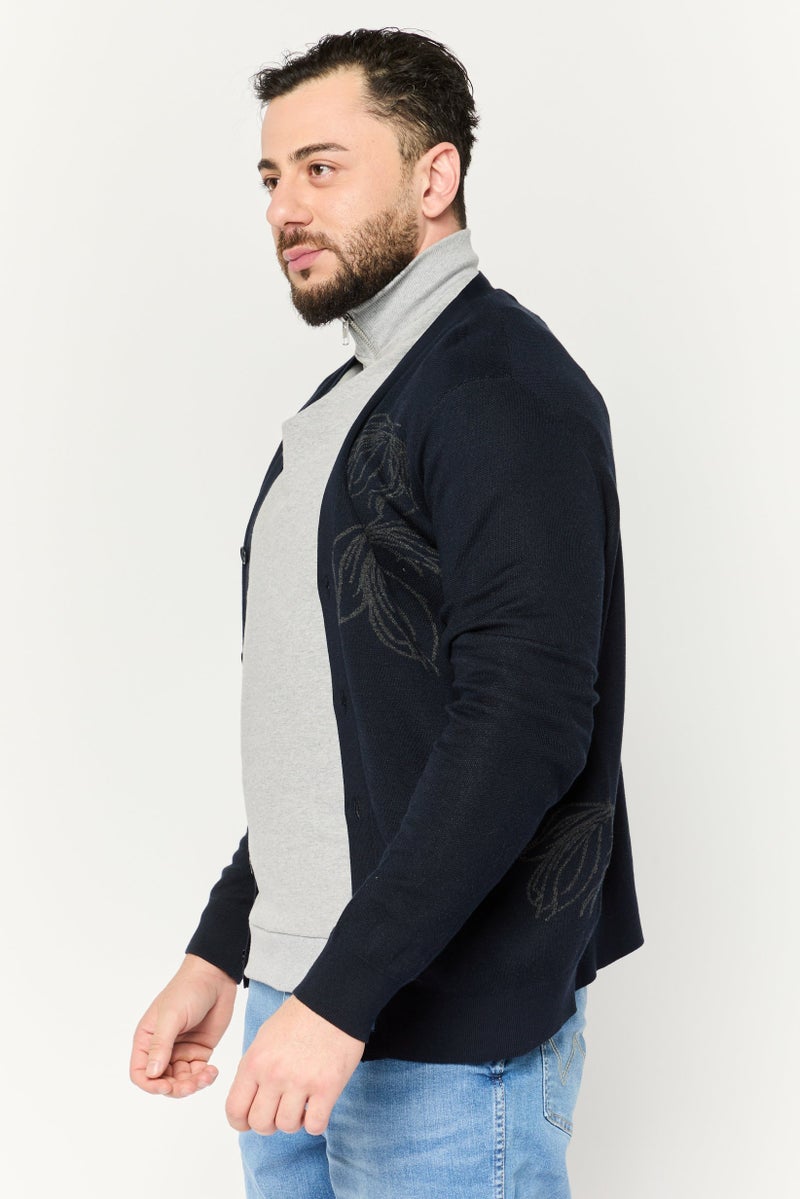 PERRY ELLIS Men V Neck Graphic Print Cardigan, Navy  - Image 3