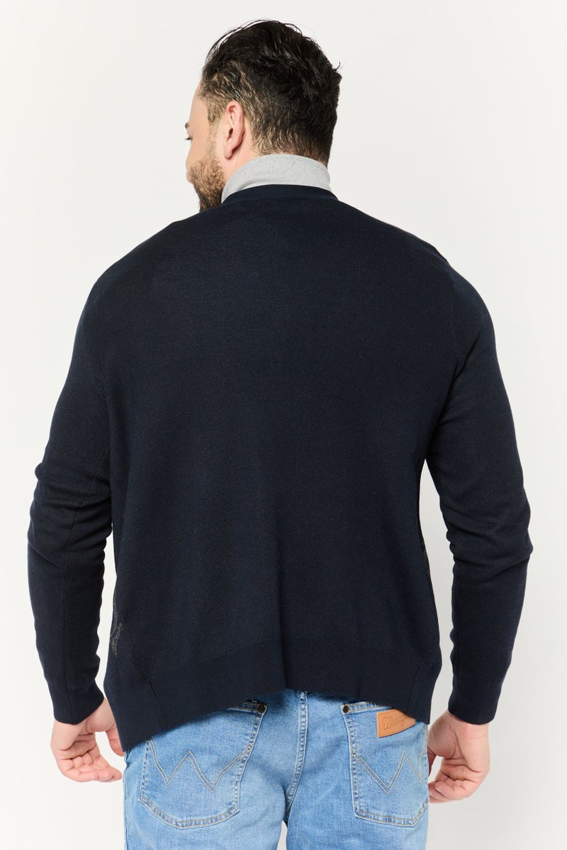 PERRY ELLIS Men V Neck Graphic Print Cardigan, Navy  - Image 4