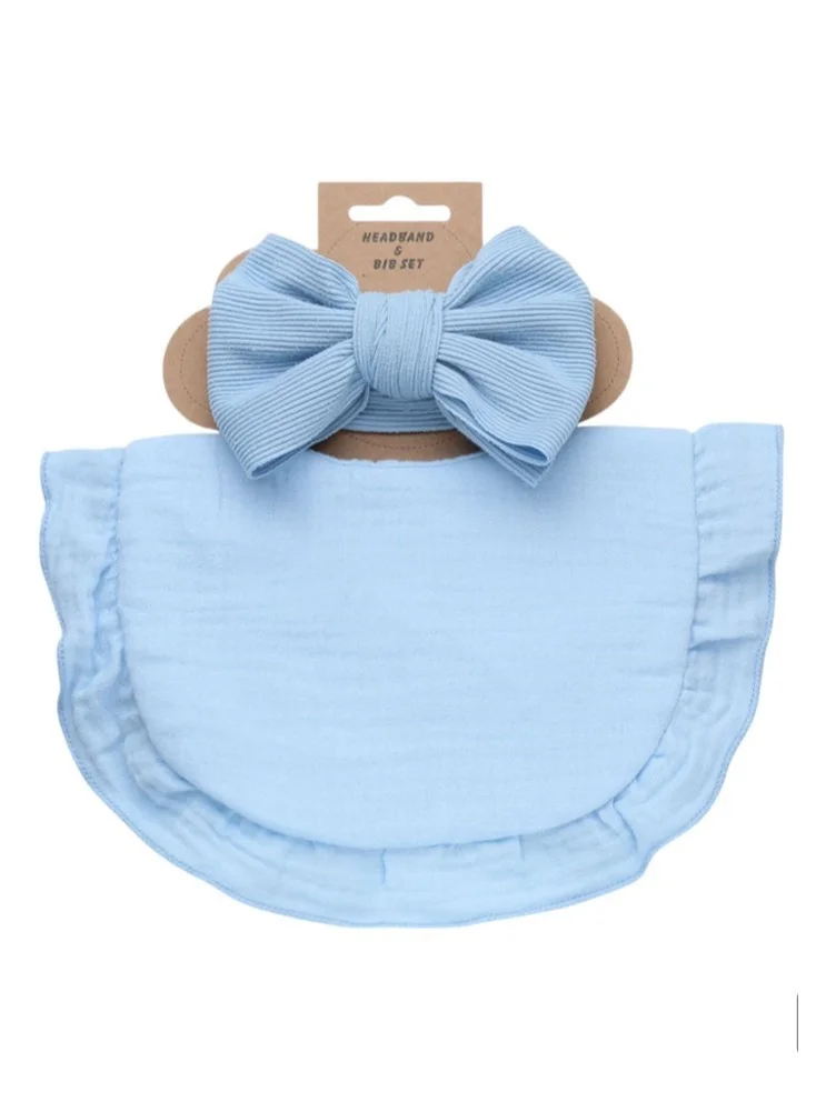 Bambimici Bambimici - Ava Small Ribbon Headband & Baby Bib Set - Baby Blue