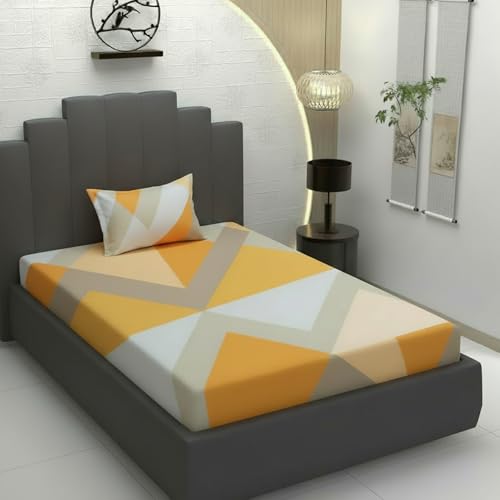 Filymore Flat Geometric Design bedsheet for Single Bed with 1 Pillow Cover -240 TC Pure Microfiber Single Bed Sheet/bedcover for Single Size Bed, Color Orange and Grey Color (90x60 inches) - Image 1